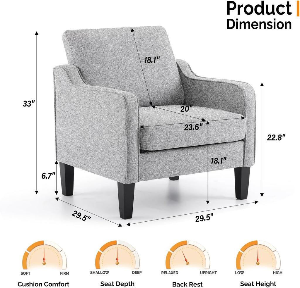 VINGLI Accent Chair, Linen Upholstered Grey Armchair for Living Room