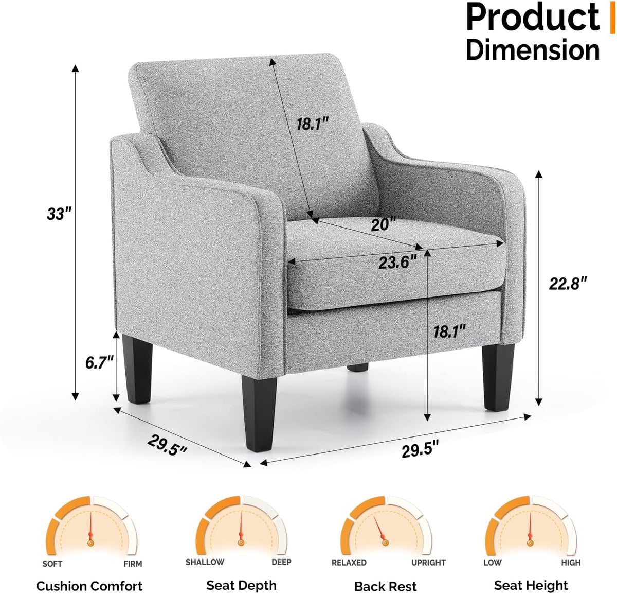 VINGLI Accent Chair, Linen Upholstered Grey Armchair for Living Room