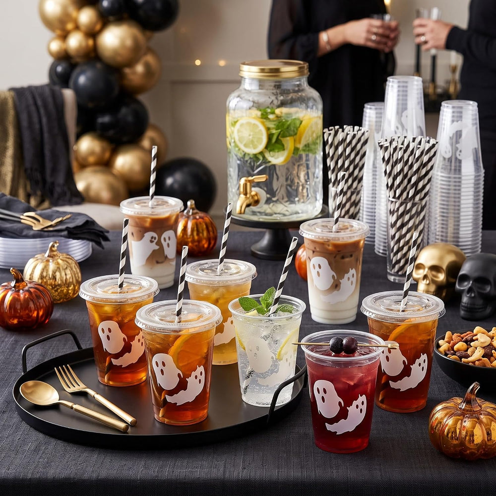 Jingmore 50 Set Halloween Ghost Lattes Plastic Cup 16 oz with Lid and Straw
