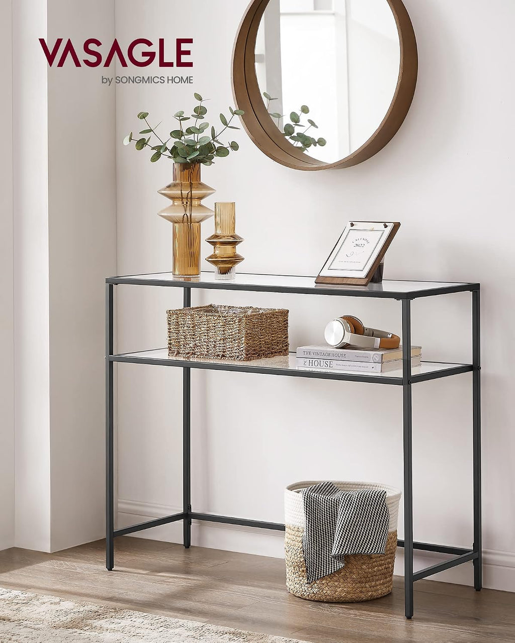 VASAGLE 39.4 Inchs Console Sofa Table, Tempered Glass, 2 Shelves