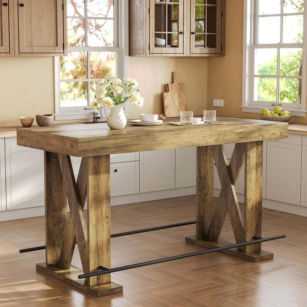 LITTLE TREE 63" Bar Table, Pub Table with Metal Footrest (Rustic Brown,1)
