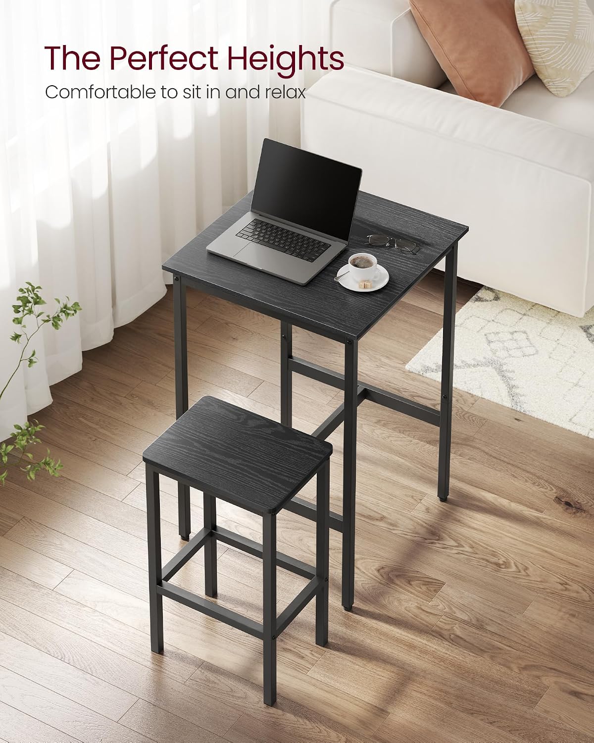 VASAGLE Bar Table and Chairs Set, Square, with 2 Stools, Space Saving