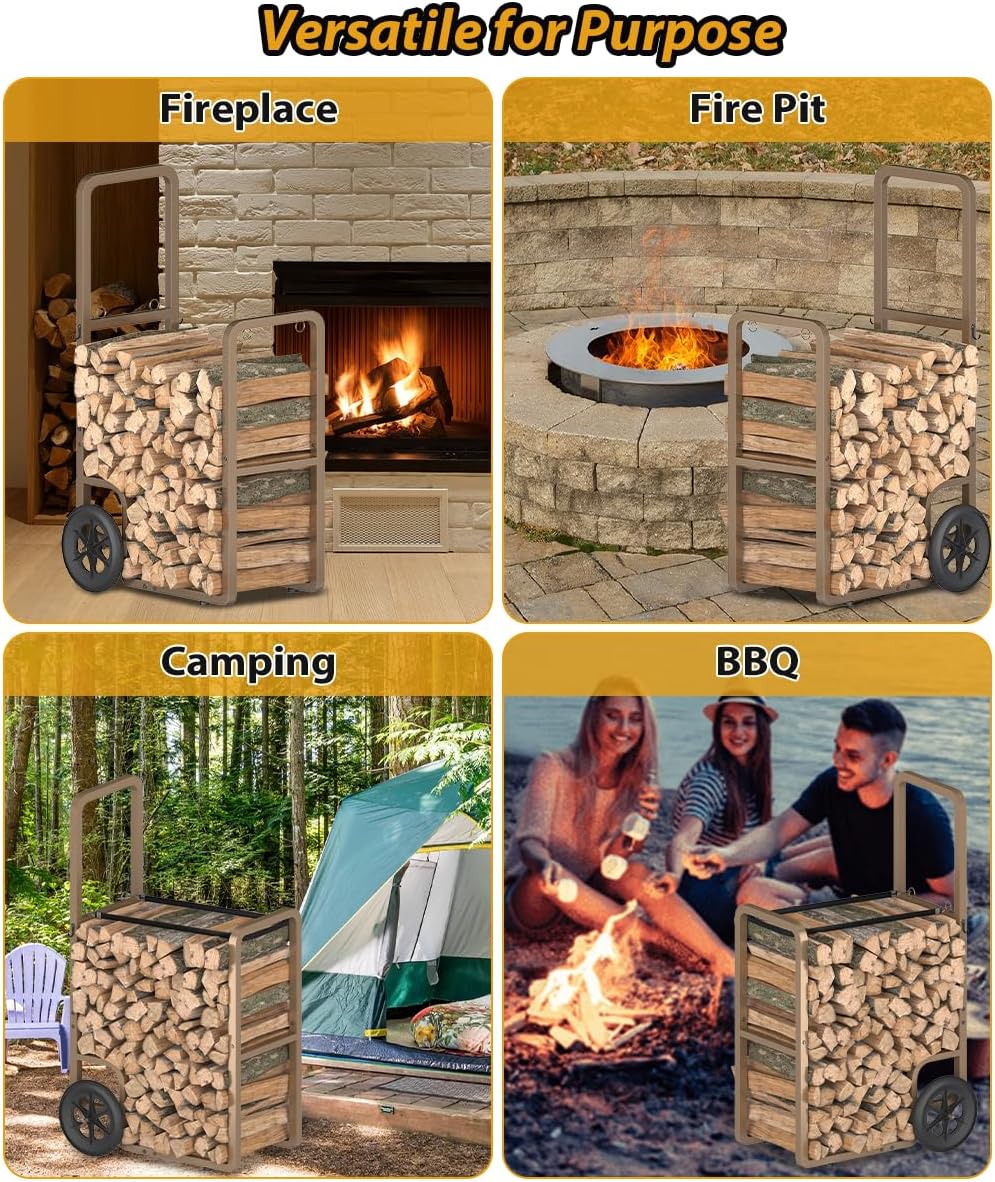 Easy-Assembly Firewood Cart, Rolling Log Carrier for Outdoor & Indoor Use, Wood Rack Storage Mover for Fireplace & Fire Pit, Heavy-Duty Steel Log Dolly Hauler with Rubber Wheels, Brown