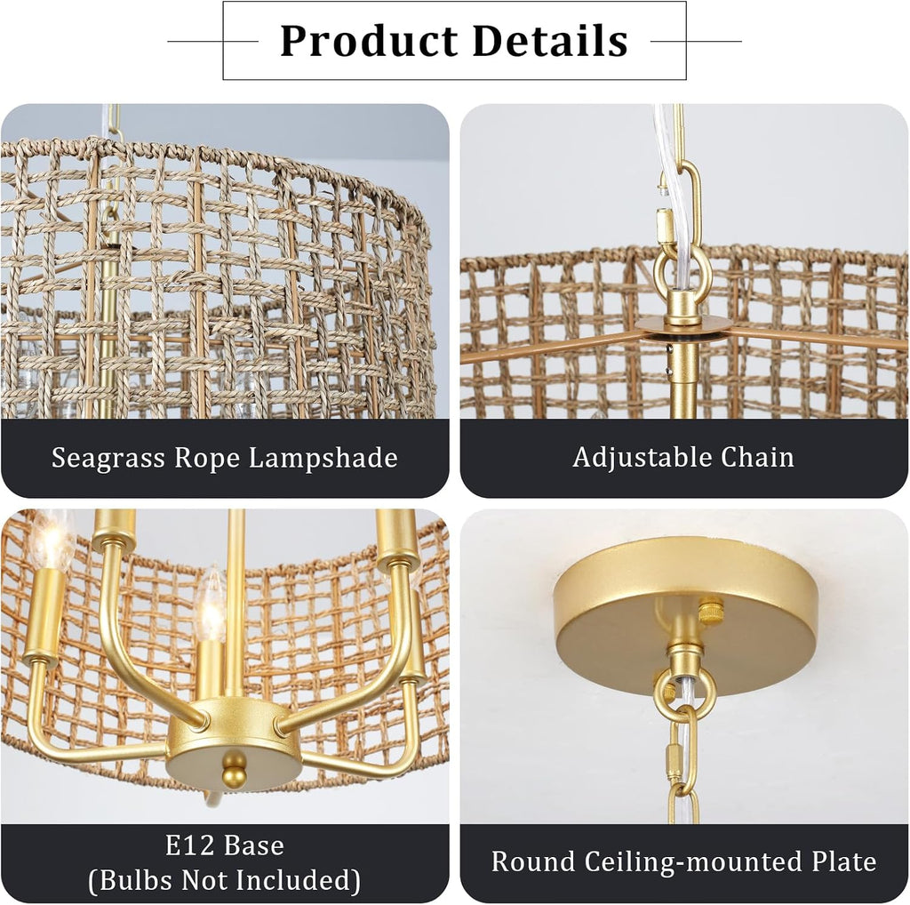 hand-woven rattan chandelier for dining room 18.8''farmhouse boho, side view