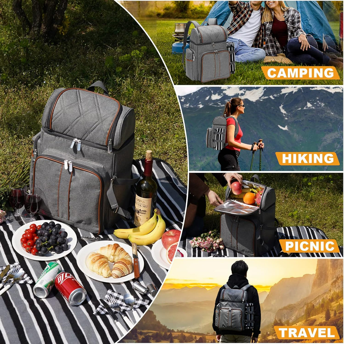 Picnic Backpack for 4, Insulated Cooler Bag with Blanket, Grey