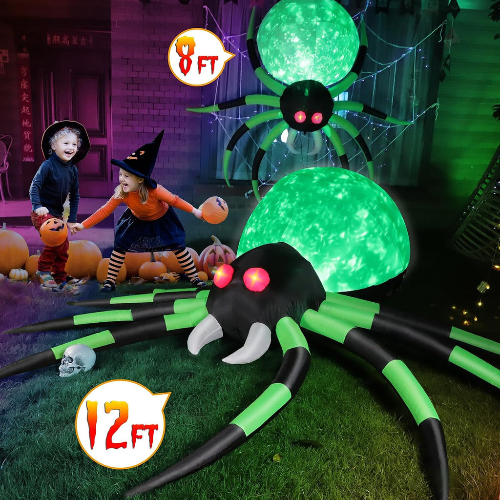 12 FT Halloween Inflatables Spider Outdoor Decorations, Giant Blow Up Spider with Flame Lights & Red Glowing Eyes, Large Crawling Green Spider Props for Halloween Party Yard Garden Lawn Roof Decor