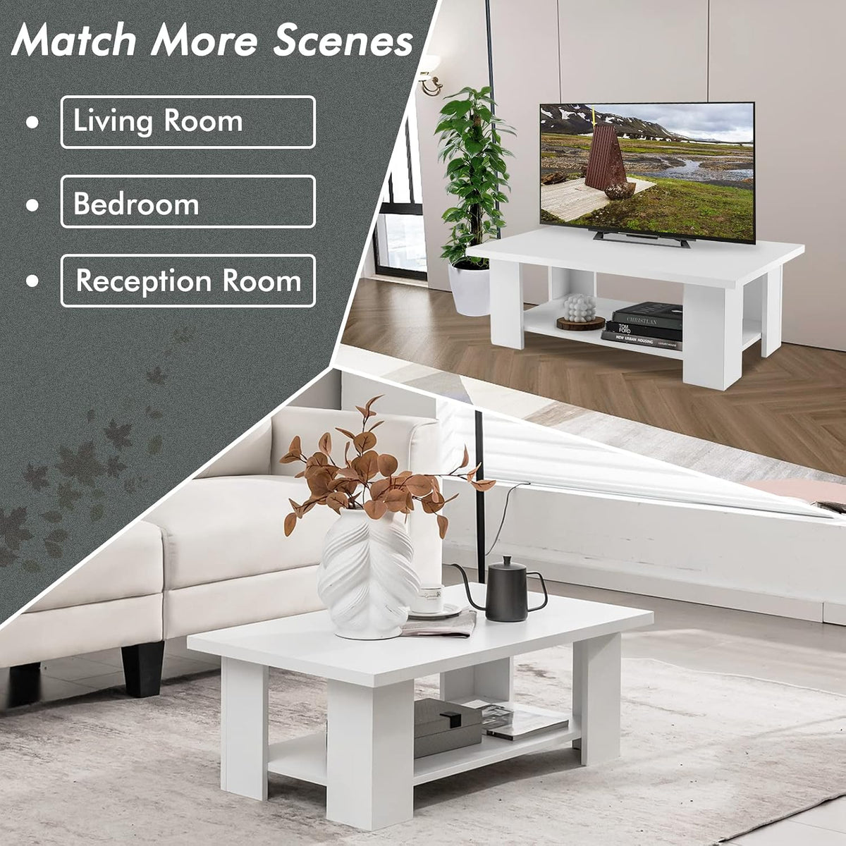 Tangkula 2-Tier Coffee Table, Modern Rectangular Center Cocktail Table with 5 Support Legs, Wooden Accent Living Room Furniture, Small Coffee Table for Small Spaces, Easy Assembly (White)