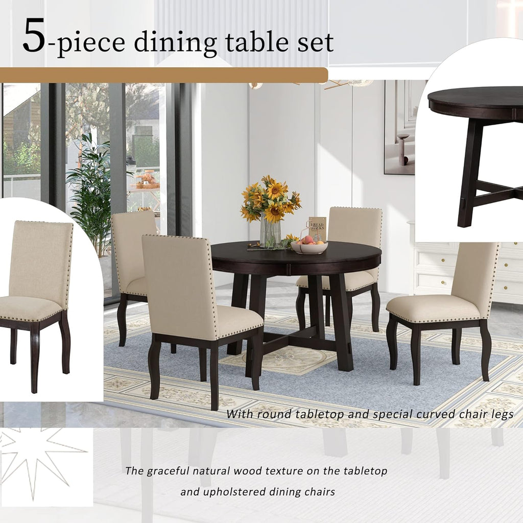 Harper & Bright Designs Round Kitchen Dining Table Set for 4, 5 Piece Farmhouse Wood Round Extendable Dining Table & 4 Upholstered Dining Chairs, Espresso (ST000074AAP-MZJ)