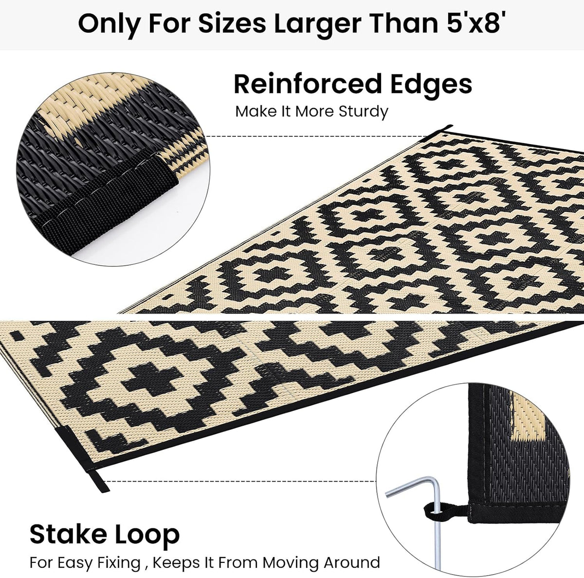 Smiry Outdoor Rug 9x12 ft Waterproof Reversible Boho Mat, Black & Beige