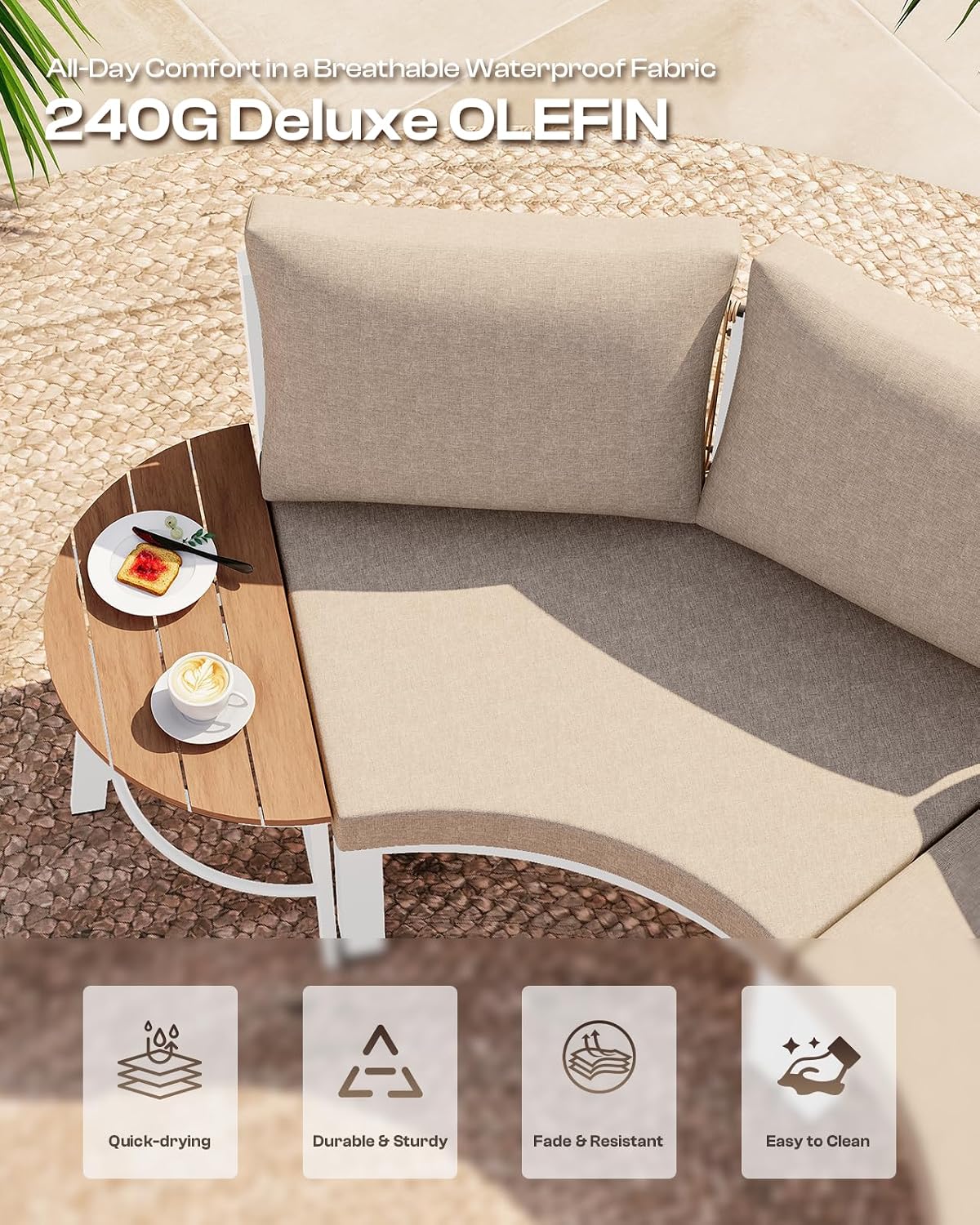 Luxury Patio Furniture Set for 5 People, 4-Piece Curved Patio Conversation Sets with Woven Rope & Modular Coffee Table, Half Moon Outdoor Furnitrue Set for Deck, Garden, White