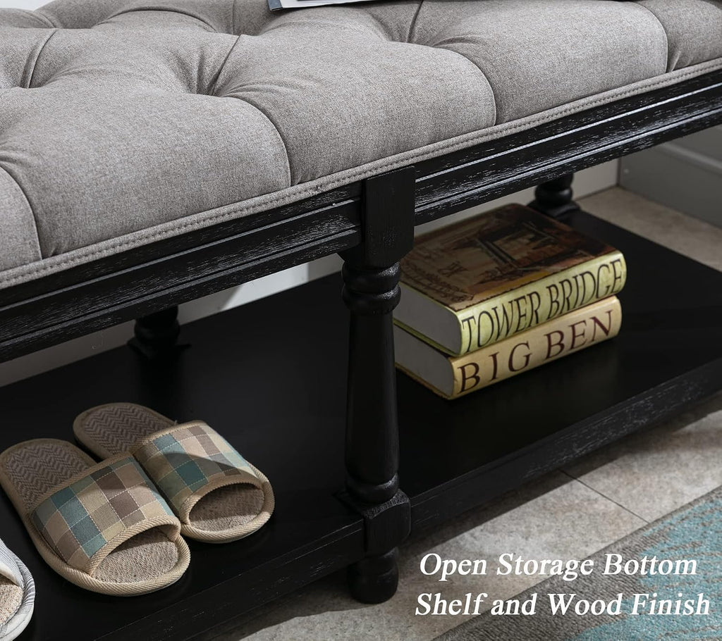DUOMAY Mid-Century Tufted Storage Bench with Shelf, Linen Upholstered Farmhouse Entryway Shoe Bench Ottoman Bed End Stool for Bedroom Living Room Dining Room, Black Wood Frame, Grey