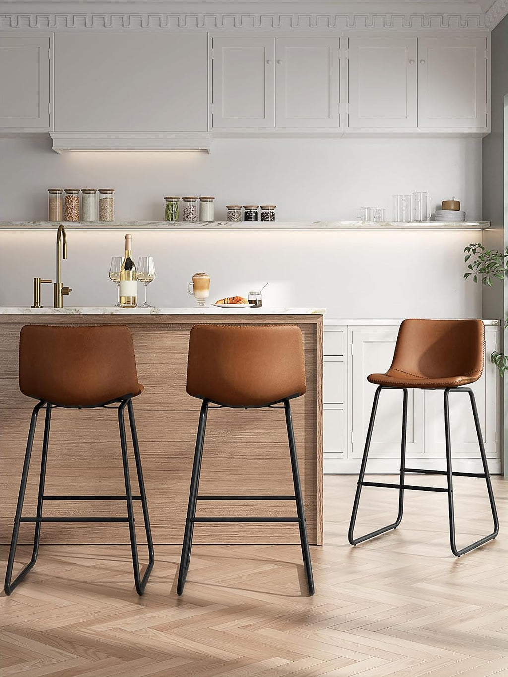 26in Bar Stools Counter Height Chairs Set of 3 Metal Legs (Dark Brown)