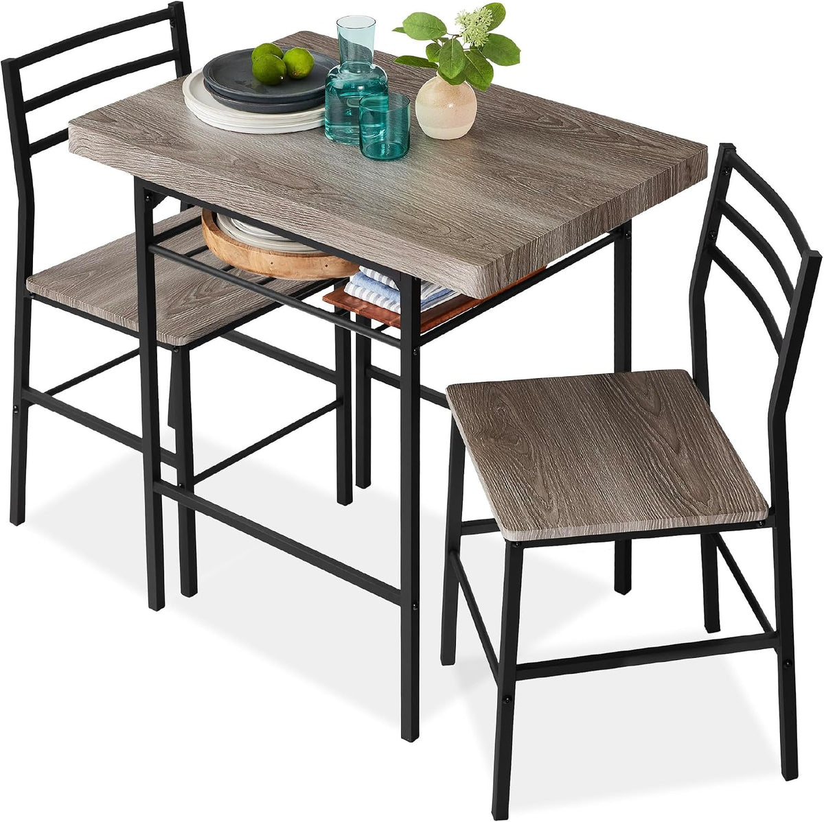 Best Choice Products 3-Piece Modern Dining Set, Space Saving Dinette for Kitchen, Dining Room, Small Space w/Steel Frame, Built-in Storage Rack - Gray/Black