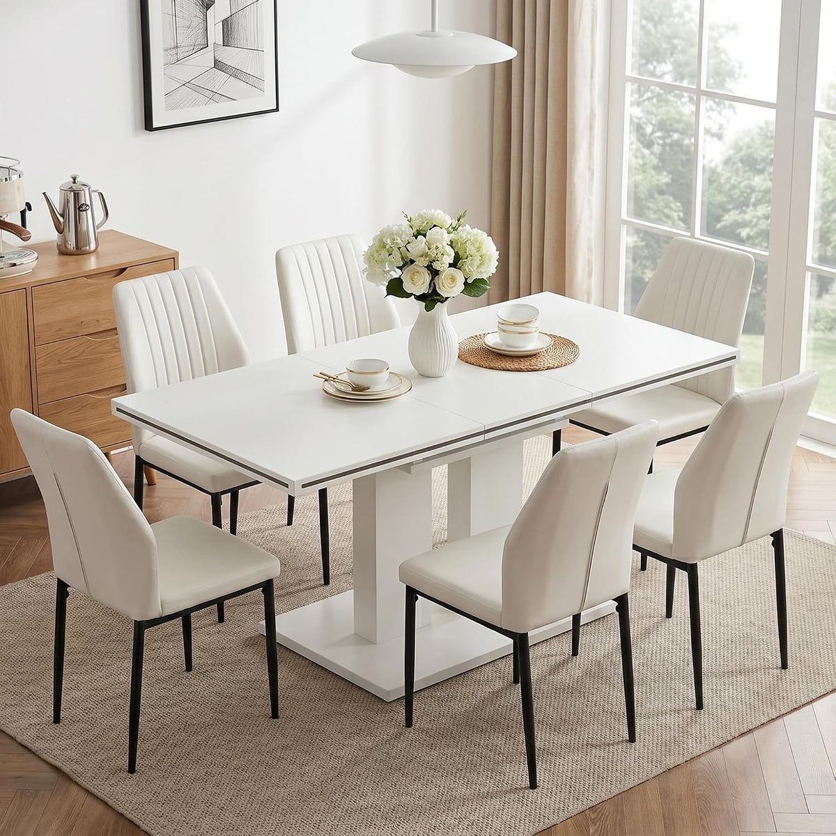 HIPIHOM Extendable Dining Table Set, White Table + 6 Beige Pu Chairs