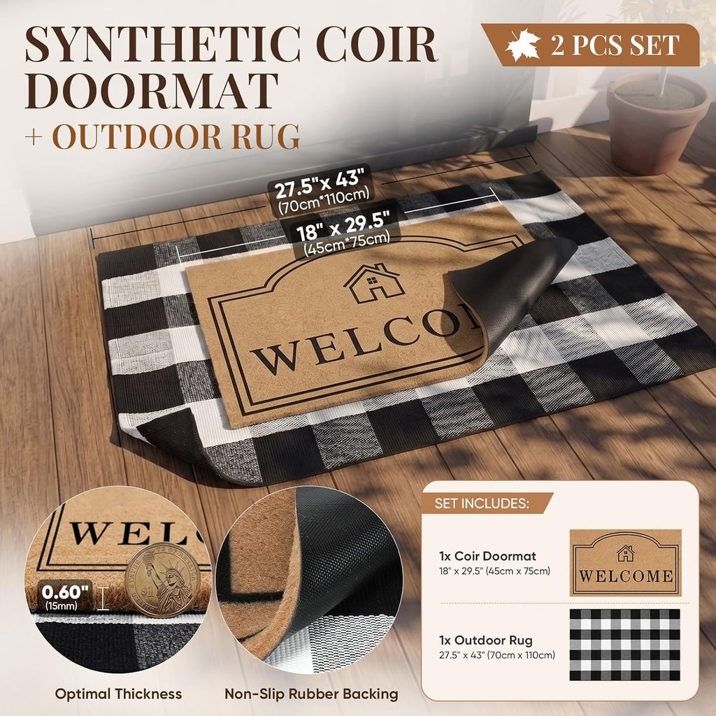 2 Pcs Layered Coir Front DoorMat Set, 0.6" Extra Thick & Non Slip Backing