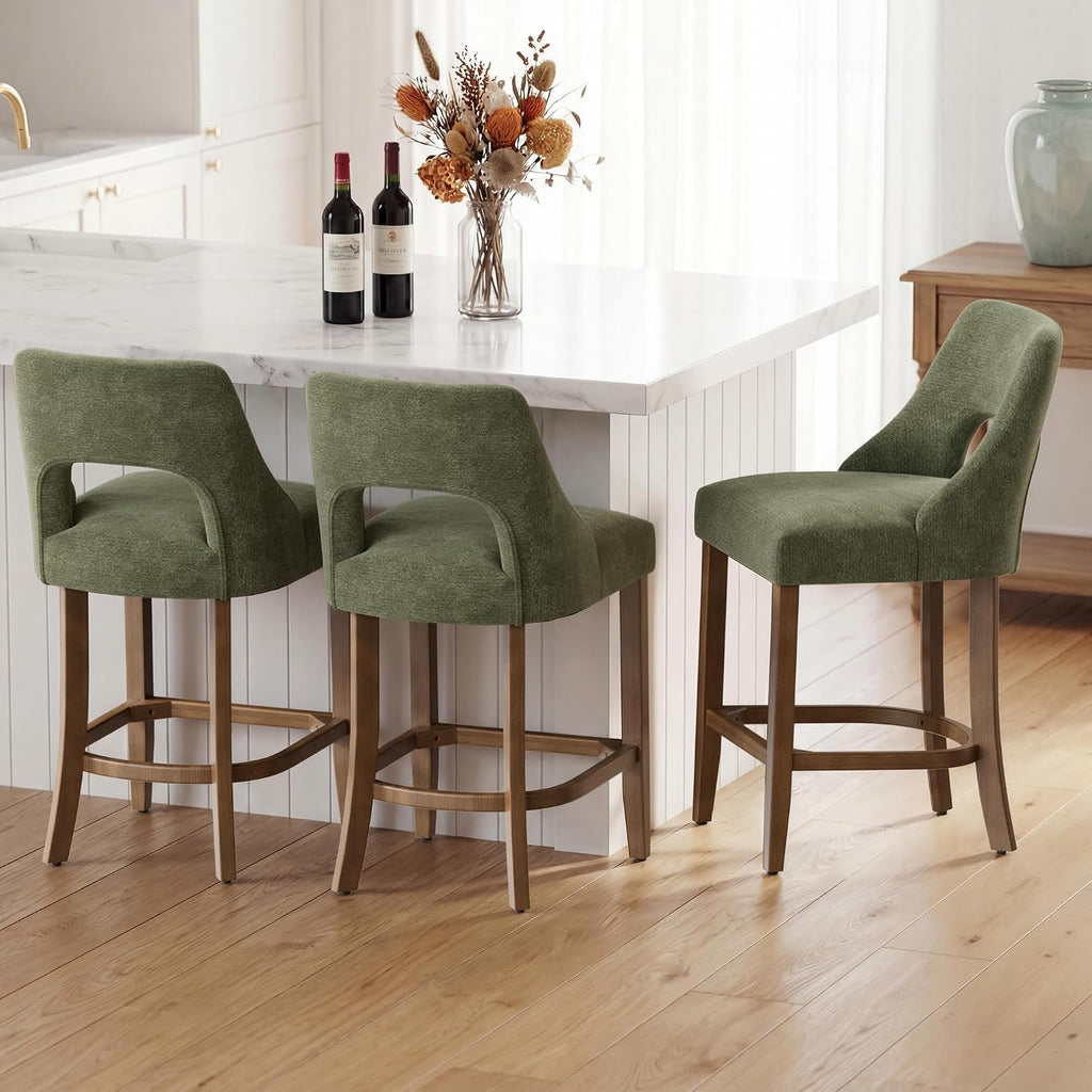 UVV Bar Stools Set of 2, Upholstered Counter Height Bar Stools, Modern Counter Stools with Wood Legs for Kitchen Island Dining Room Bar, Green