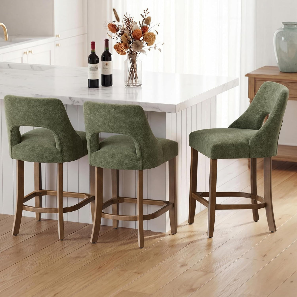 UVV Bar Stools Set of 2, Upholstered Counter Height Bar Stools, Modern Counter Stools with Wood Legs for Kitchen Island Dining Room Bar, Green