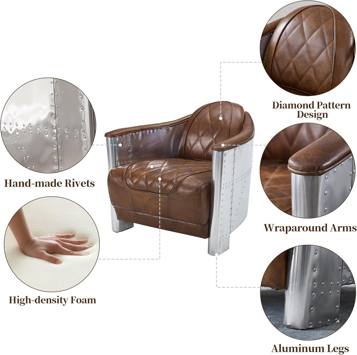 Art Leon Mid Century Industrial Genuine Leather Accent Club Chair Cognac