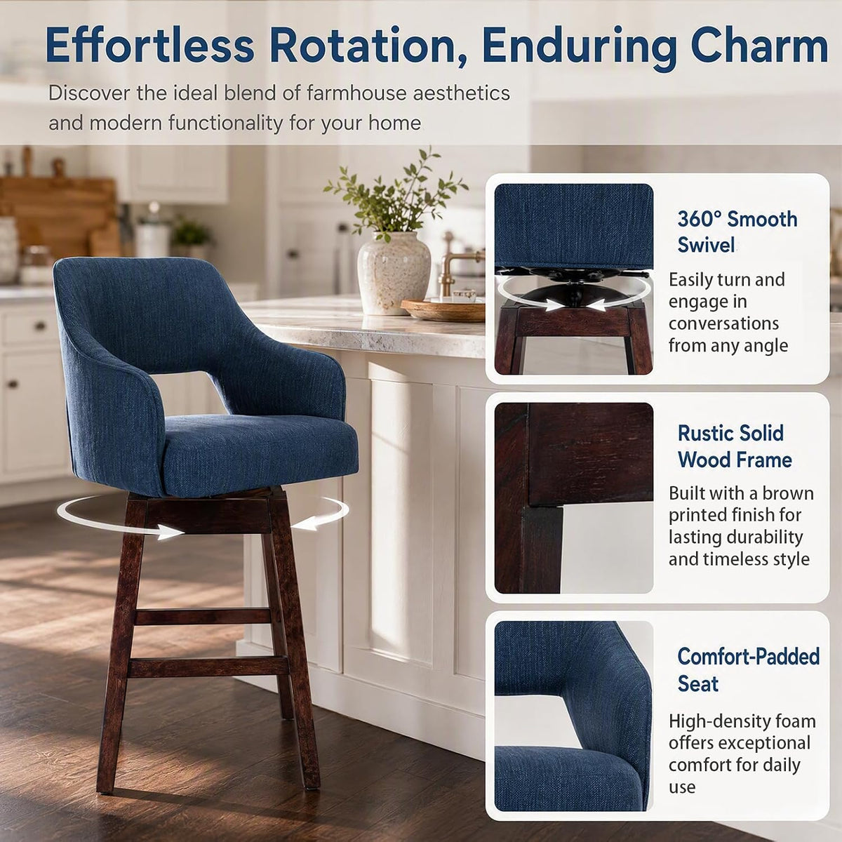 Kmax Single Swivel Counter Height Bar Stool, Blue Linen