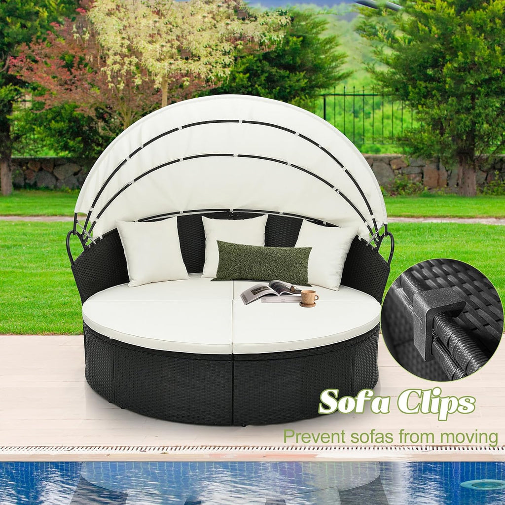 LIFEZEAL Rattan Sun Island with Sun Canopy, Garden Lounger Sun Lounger with Cushion, 5-Piece Lounge Set with Foldable Rain Cover, Garden Lounge Patio Furniture up to 360 kg (White, 168 x 180 x 157 cm)