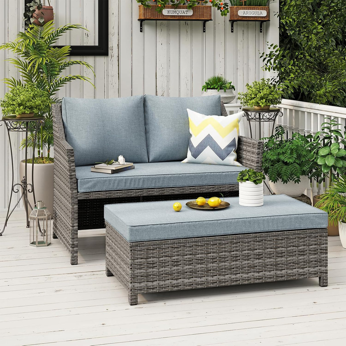 OC Orange-Casual Wicker Patio Loveseat Sofa w/Storage Ottoman, 2 Pcs, Gray
