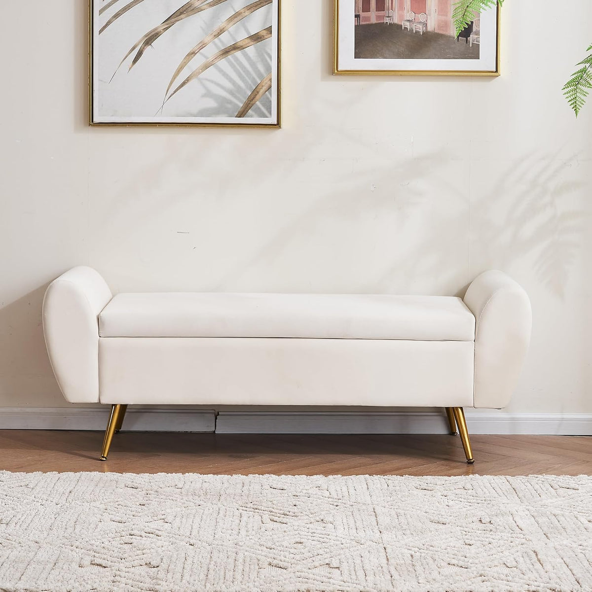 56" Storage Bench for Bedroom King Size Bed, Gold Legs, Velvet Ivory White