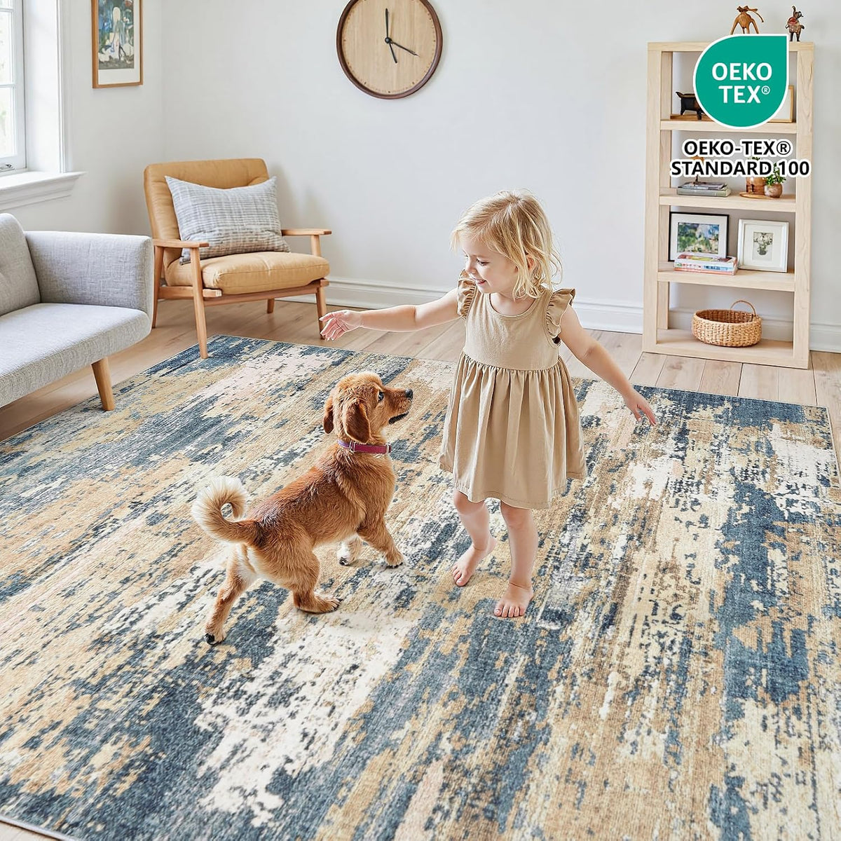8x10 Area Rugs for Living Room Large Washable Abstract Rug Room Brown/Blue