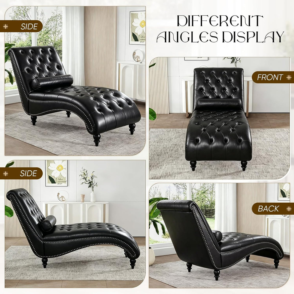 Faux Leather Chaise Lounge Indoor with Toss Pillow, Modern Chaise Lounge Chair, Upholstered PU Armless Ergonomic Chairs with Tufted Buttons and Nail Heads for Living Room, Bedroom Furniture, Black