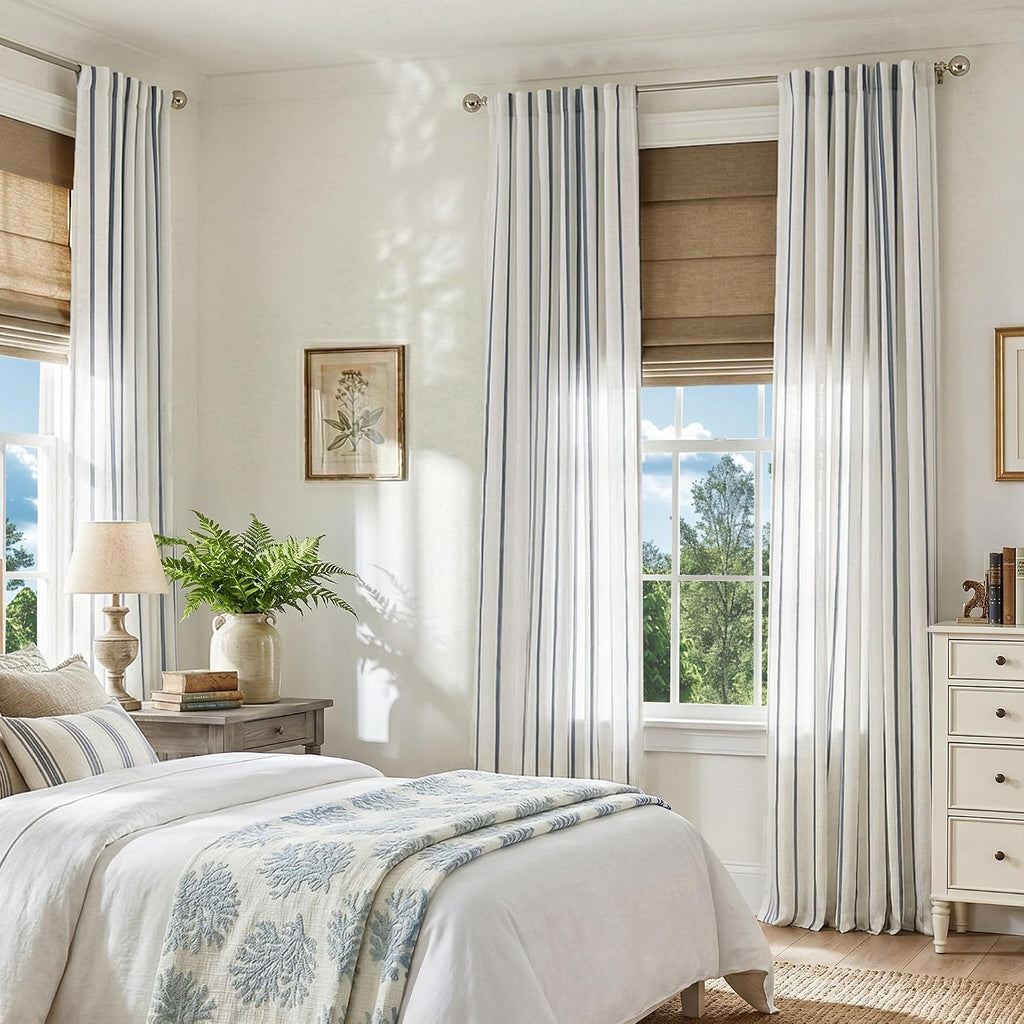 Vangao Striped Curtains Blue on White Semi Sheer Curtains 96 Inches Long