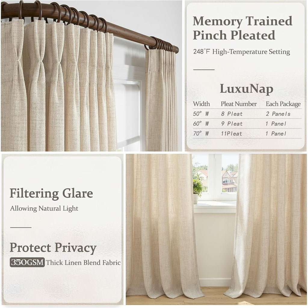 Pinch Pleated Semi Sheer Natural Linen Curtains 96 Inches Long for Living Room, Memory Trained Light Filtering 8FT Length Viral Windows Drapes Privacy Bedroom Modern Curtain 2 Panels Set Hooks Rings
