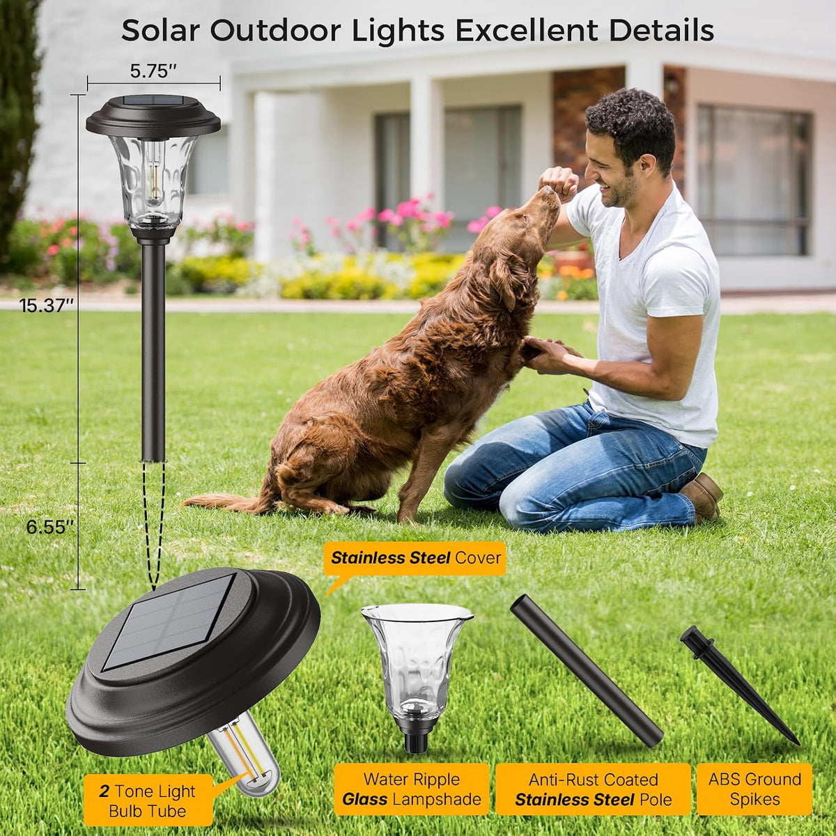 XMCOSY+ Solar Pathway Lights 4 Pack, Metal Glass Solar Garden Light Outdoor
