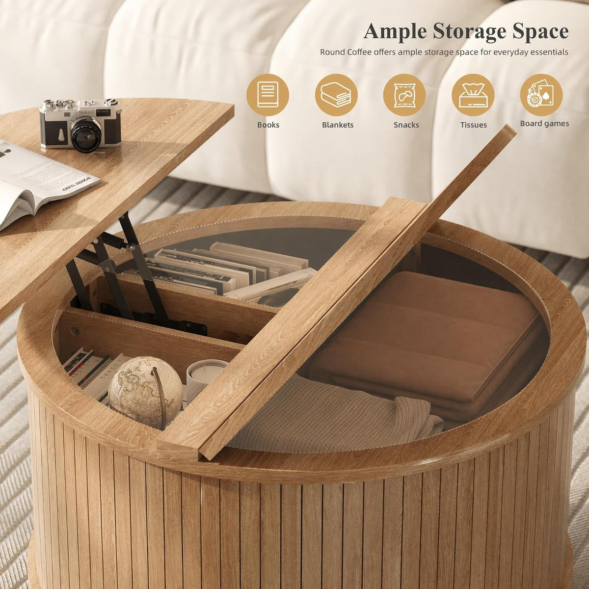 Easyego Lift Top Coffee Table for Small Spaces, 31.5" Mid-Century Modern Wooden Round Table with Storage, Circle Fluted Center Table for Living Room, Work from Home & Apartment, Natural
