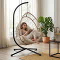 Upgraded Core-Spun Polyester Rope Hanging Egg Chair w/Stand, Foldable Swing Seat, 350LBS, No PE Rattan Shedding, Weatherproof, Never Fray, Full Surround Cushion for Patio Balcony. (Grey Cushion)