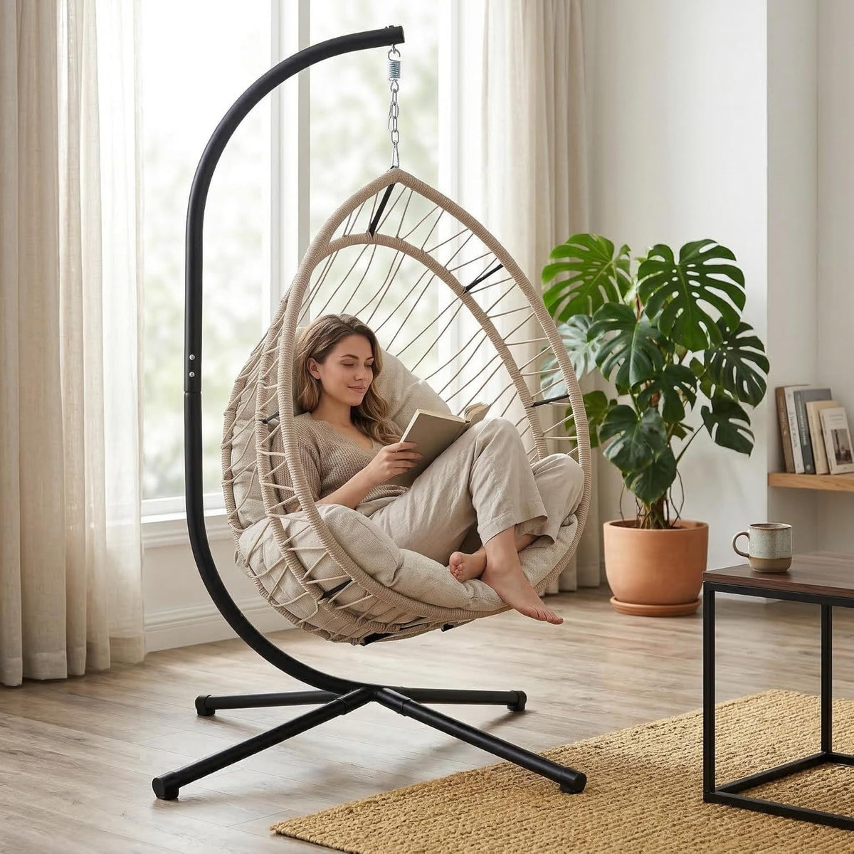 Upgraded Core-Spun Polyester Rope Hanging Egg Chair w/Stand, Foldable Swing Seat, 350LBS, No PE Rattan Shedding, Weatherproof, Never Fray, Full Surround Cushion for Patio Balcony. (Grey Cushion)