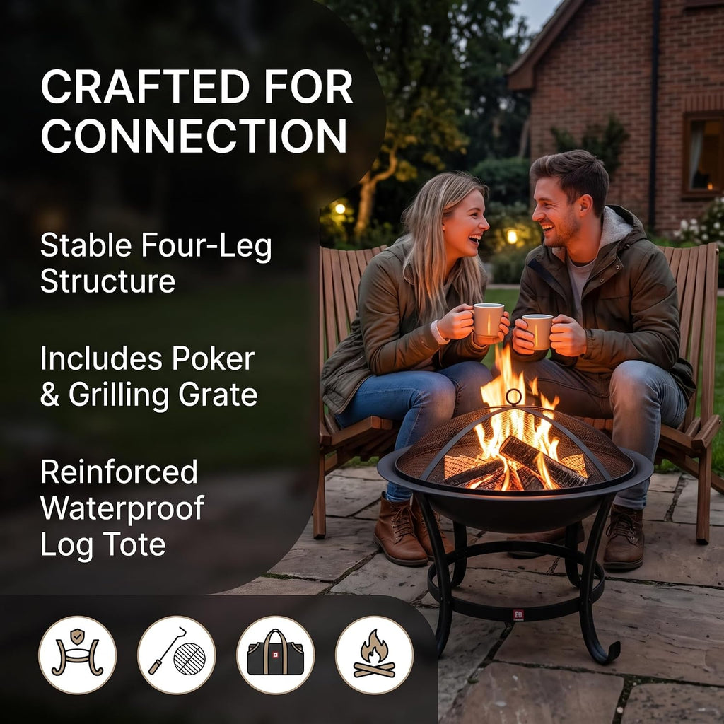 Fire Beauty 22" Fire Pit with 2-in-1 BBQ Grill, Spark Screen & Tote Bag