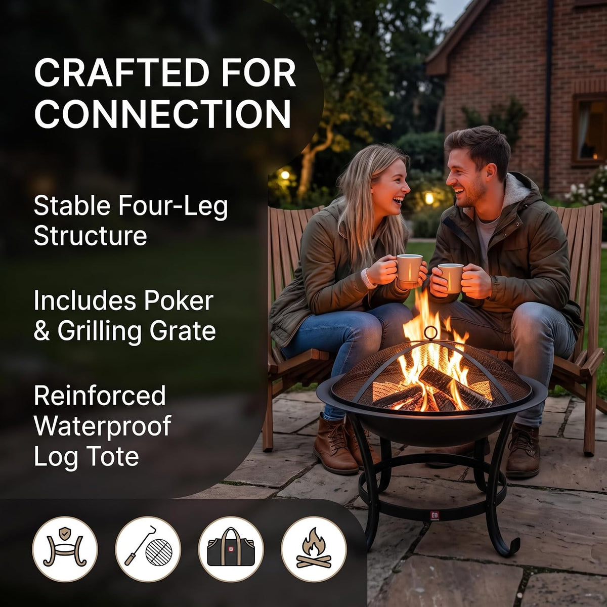 Fire Beauty 22" Fire Pit with 2-in-1 BBQ Grill, Spark Screen & Tote Bag