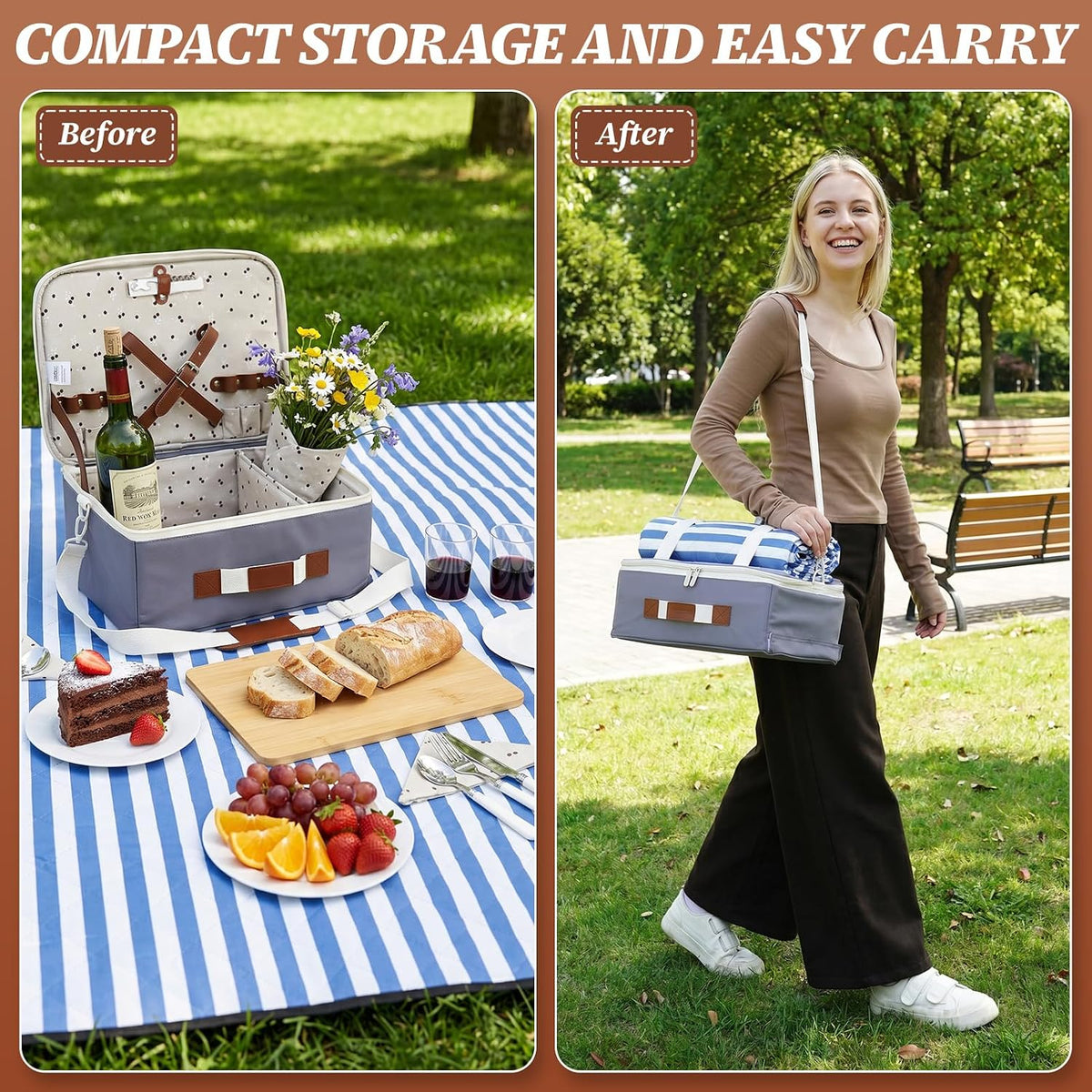Picnic Basket for 2-Picnic Basket with Waterproof Blanket & Accessories