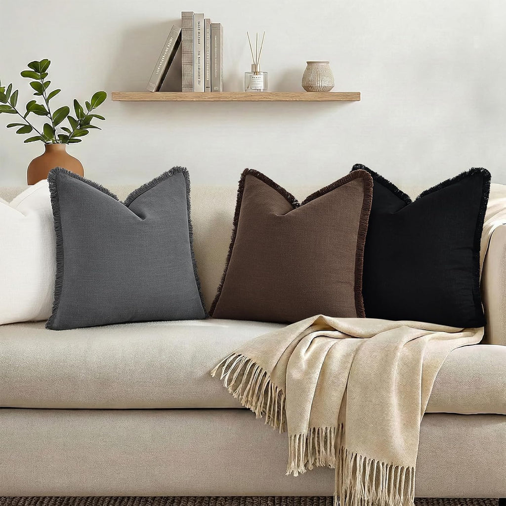 decorUhome Linen Fringe Chocolate Throw Pillow Covers 26x26 Set of 2
