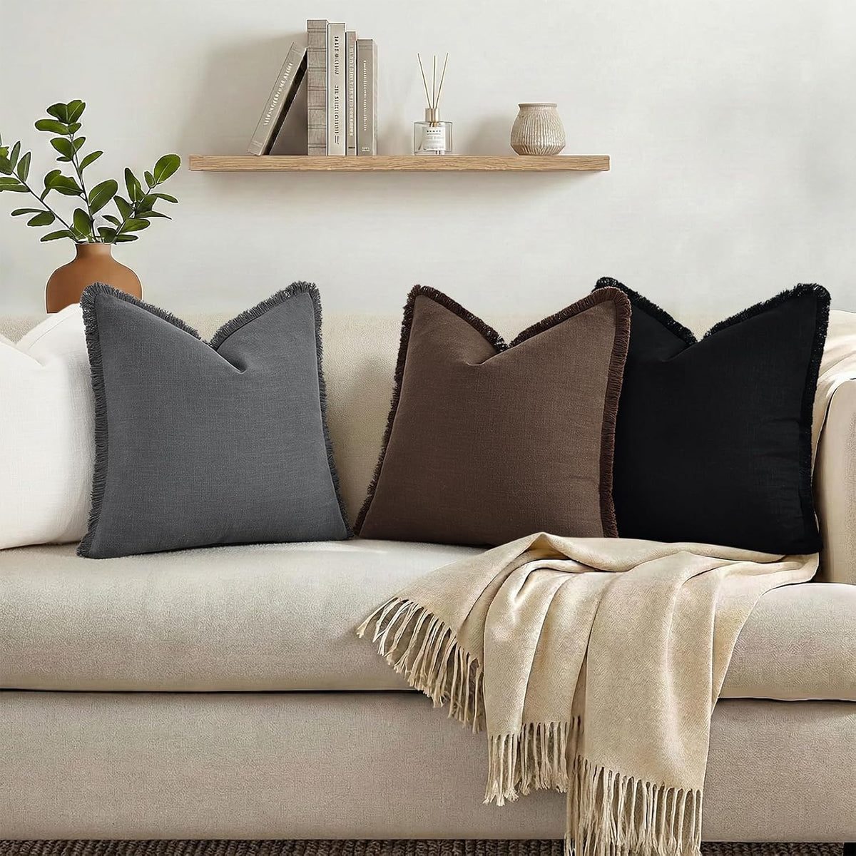 decorUhome Linen Fringe Chocolate Throw Pillow Covers 26x26 Set of 2