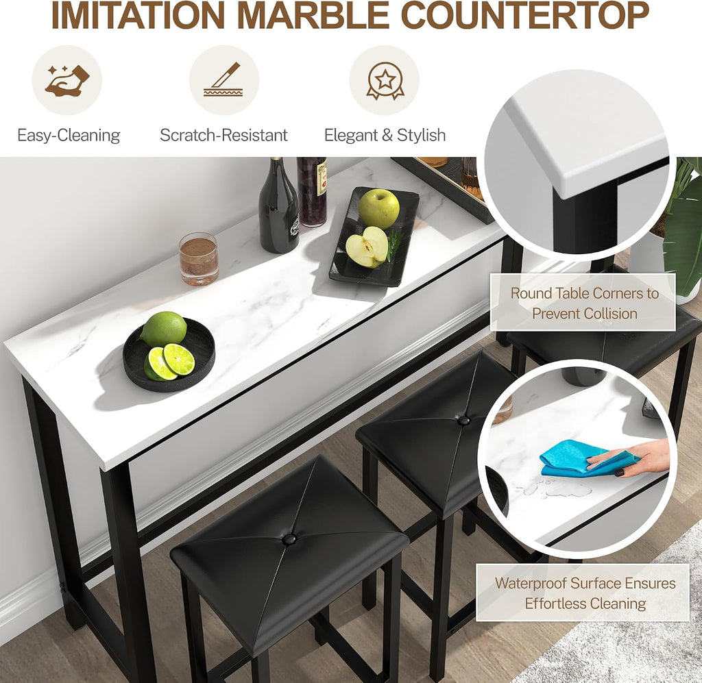 Bar Table Set for 3, 60.2” Faux Marble Behind Couch Table Set, Modern Sofa Table with 3 Upholstered PU Stools, Space-Saving Bar Tables and Stools for Home, Apartment, Small Spaces (Black)