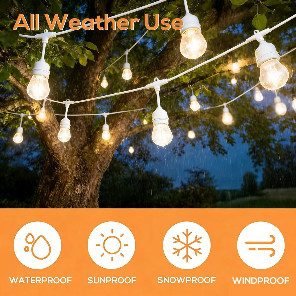 SUNTHIN 105FT White Outdoor String Lights, 34 1W LED Bulbs