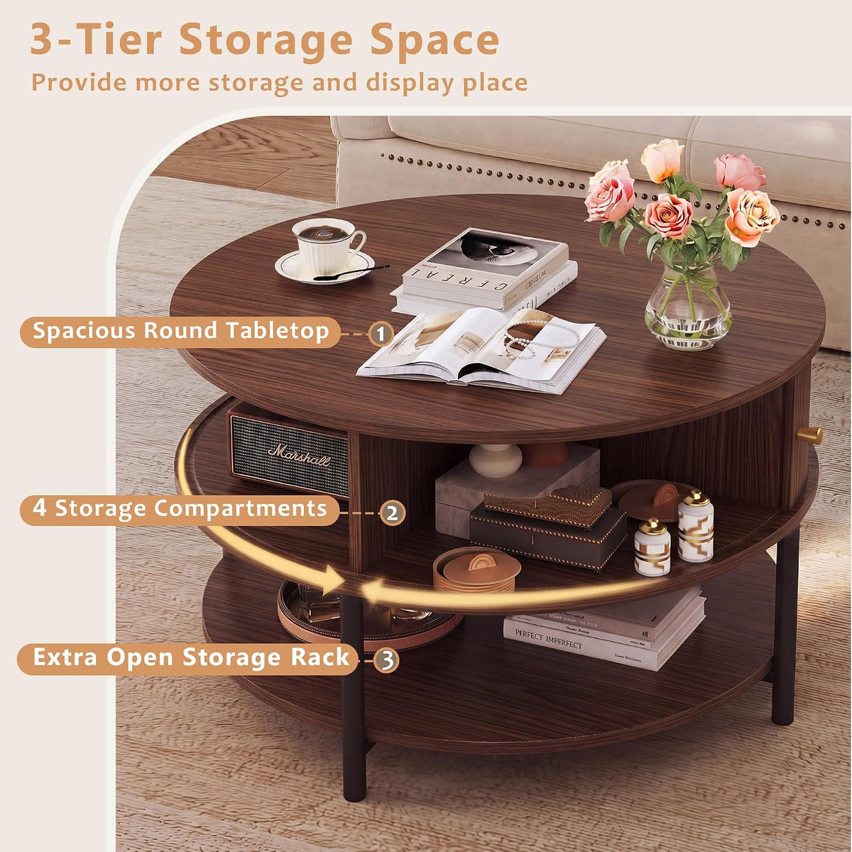 HUAHUU 23.6" Round Coffee Table, 3-Tier Center Table with Storage, Walnut