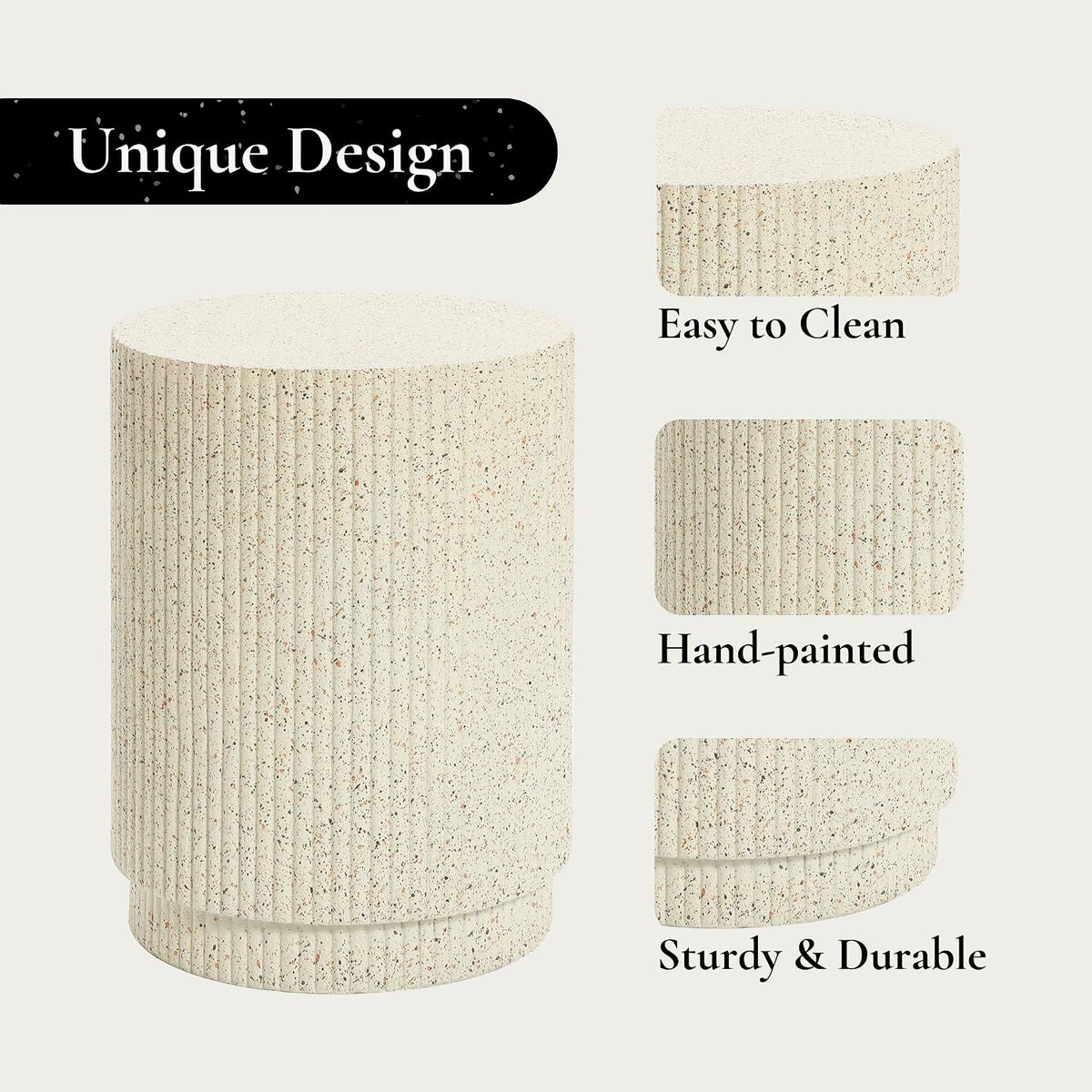 LuxenHome 18" Cement Outdoor Side Table, Cream Round End Tables for Patio