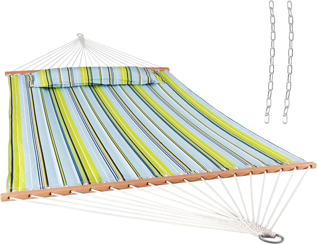 Sunnydaze Quilted Double Hammock for Outside with Pillow, Blue and Green