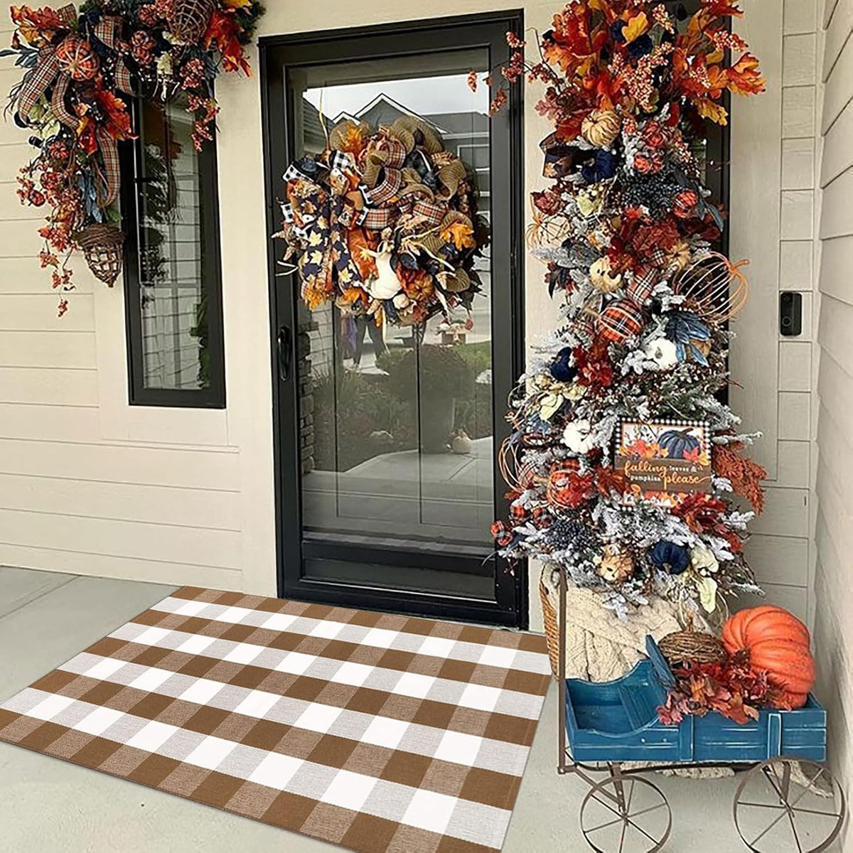 Fall Door Mat 3'x5'Brown and White Buffalo Plaid Rug Fall Front Porch Decor