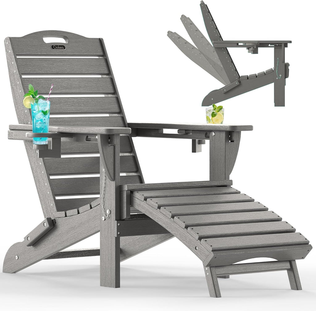 Ciokea HDPE Folding Adirondack Chair with Footrest,Grey,1
