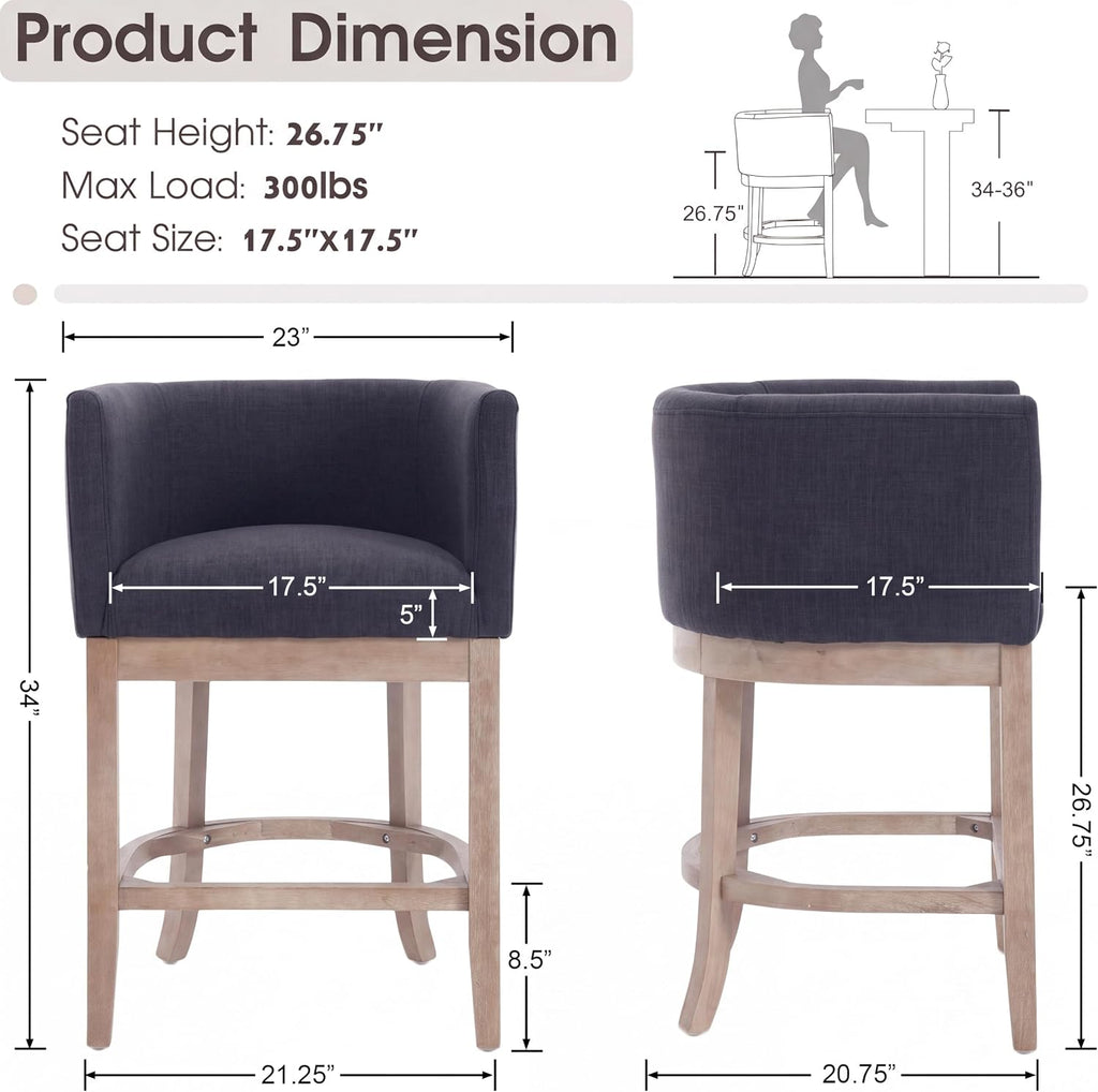 CIMOTA 26" Modern Barrel Counter Height Bar Stool, Linen Black Charcoal