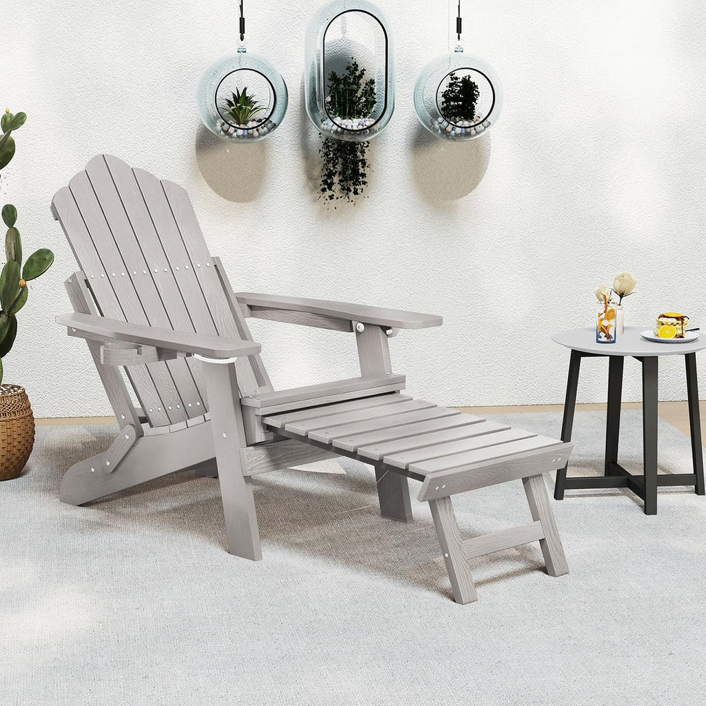Giantex Folding Adirondack Chair, All-Weather Lounge Chair with Adjustable Backrest, Retractable Ottoman, Cup Holder, HIPS Fire Pit Chair for Lawn, Pool, Patio, Porch (2, Gray)