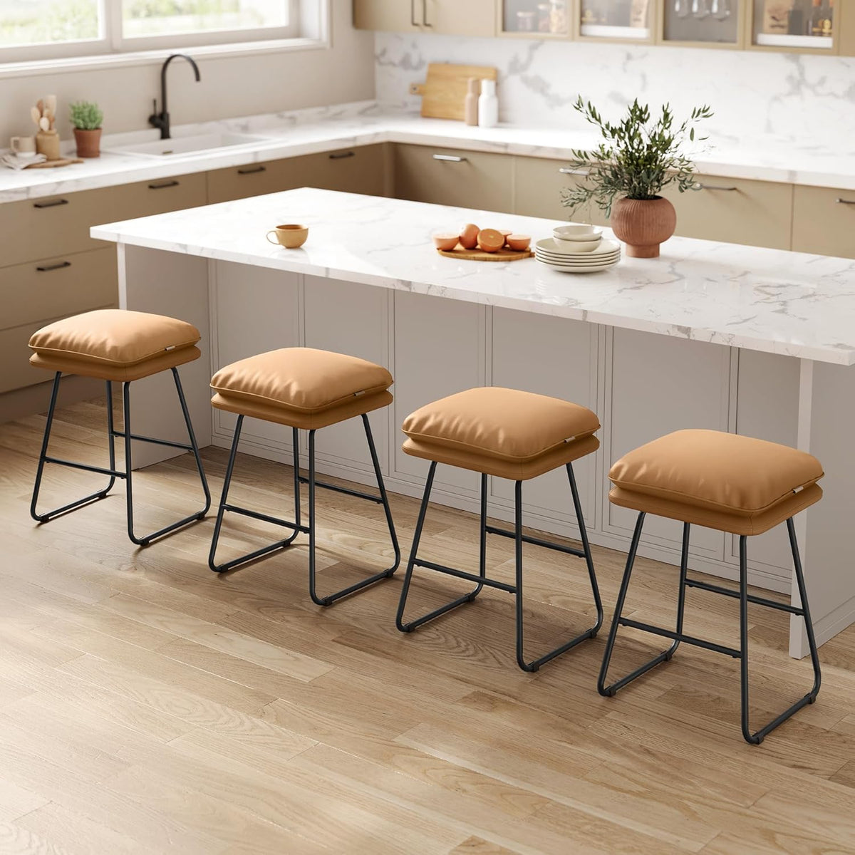 VASAGLE Bar Stools Set of 2, Leather, Metal Sled Legs, 25.6 Inches