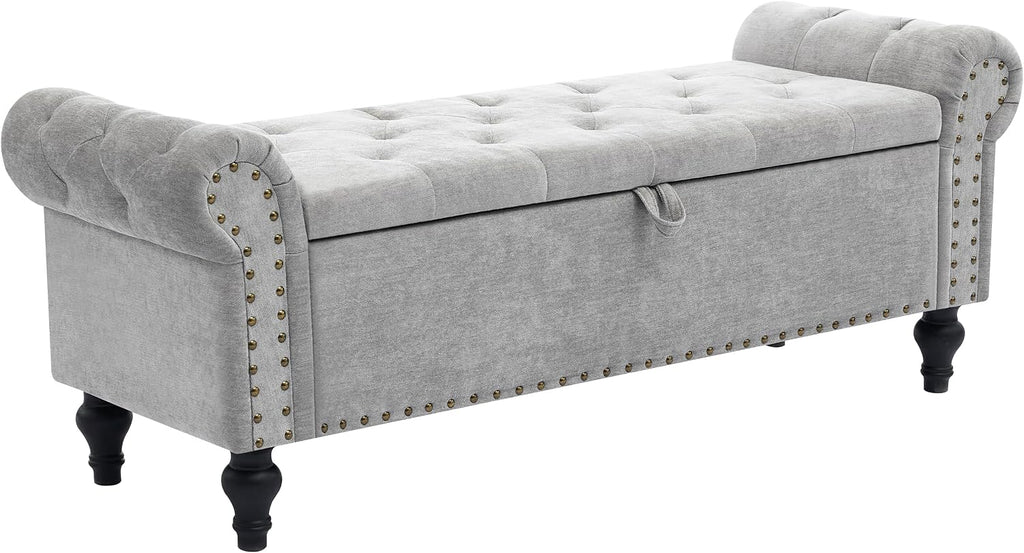 51" Storage Bench for Bedroom, Upholstered Ottoman Bench Chenille LightGray